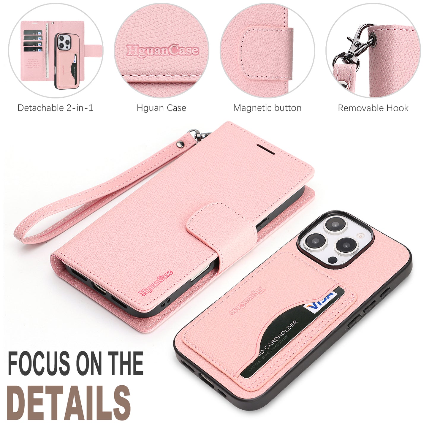 For iPhone 16 Pro Max HGUANCASE Case Wallet Stand Detachable Vintage Leather Phone Cover with Wrist Strap