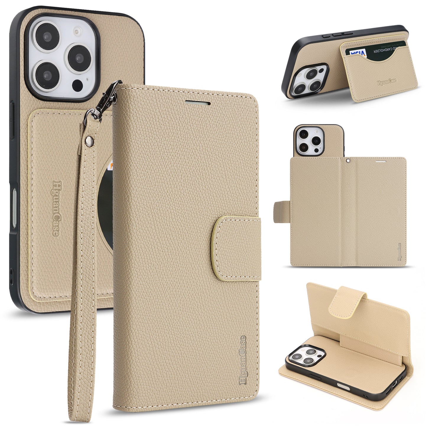 For iPhone 16 Pro Max HGUANCASE Case Wallet Stand Detachable Vintage Leather Phone Cover with Wrist Strap