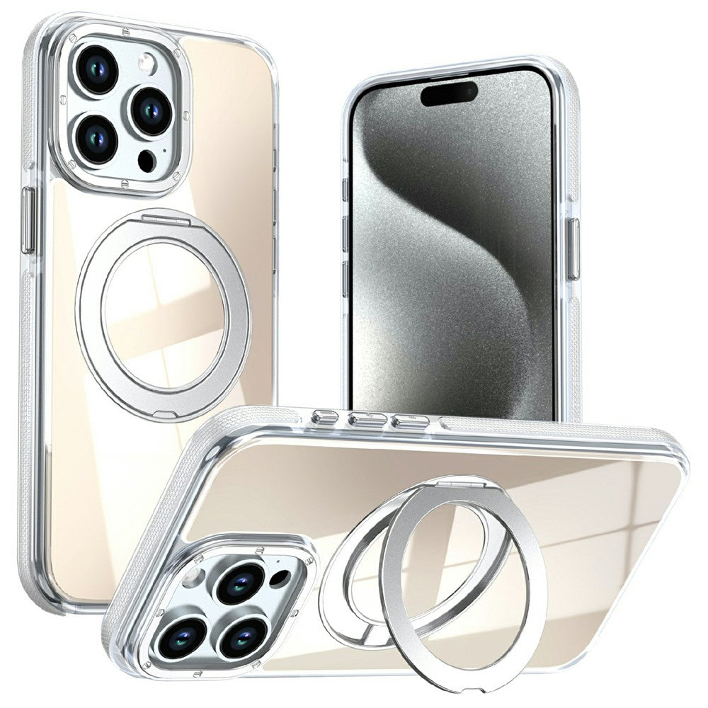 For iPhone 15 Pro Max Magnetic Case Fluorescent Design TPU Acrylic Phone Back Cover with 360° Rotating Kickstand