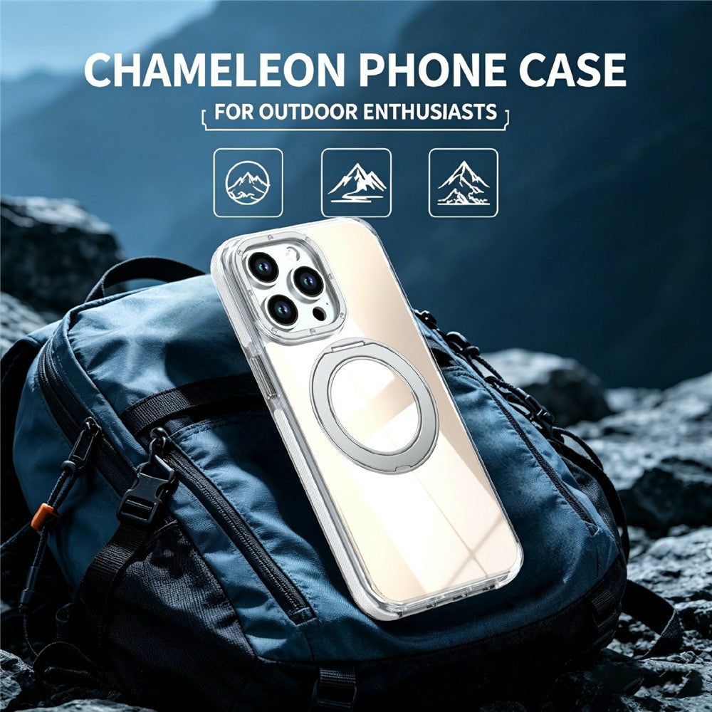 For iPhone 15 Pro Max Magnetic Case Fluorescent Design TPU Acrylic Phone Back Cover with 360° Rotating Kickstand