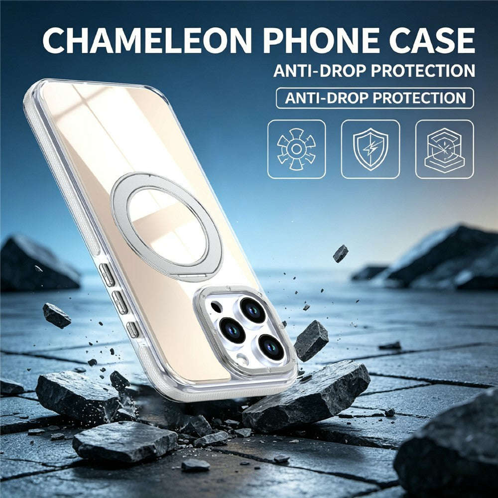 For iPhone 15 Pro Max Magnetic Case Fluorescent Design TPU Acrylic Phone Back Cover with 360° Rotating Kickstand