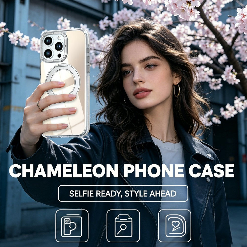 For iPhone 15 Pro Max Magnetic Case Fluorescent Design TPU Acrylic Phone Back Cover with 360° Rotating Kickstand