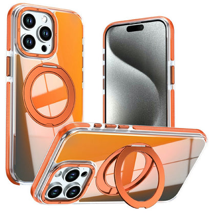 For iPhone 15 Pro Max Magnetic Case Fluorescent Design TPU Acrylic Phone Back Cover with 360° Rotating Kickstand
