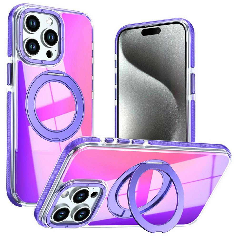 For iPhone 15 Pro Max Magnetic Case Fluorescent Design TPU Acrylic Phone Back Cover with 360° Rotating Kickstand