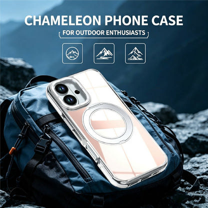 For iPhone 16 Magnetic Case Fluorescent Design TPU Acrylic Phone Back Cover with 360° Rotating Kickstand