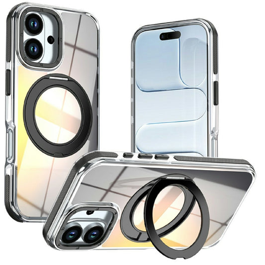 For iPhone 16 Magnetic Case Fluorescent Design TPU Acrylic Phone Back Cover with 360° Rotating Kickstand