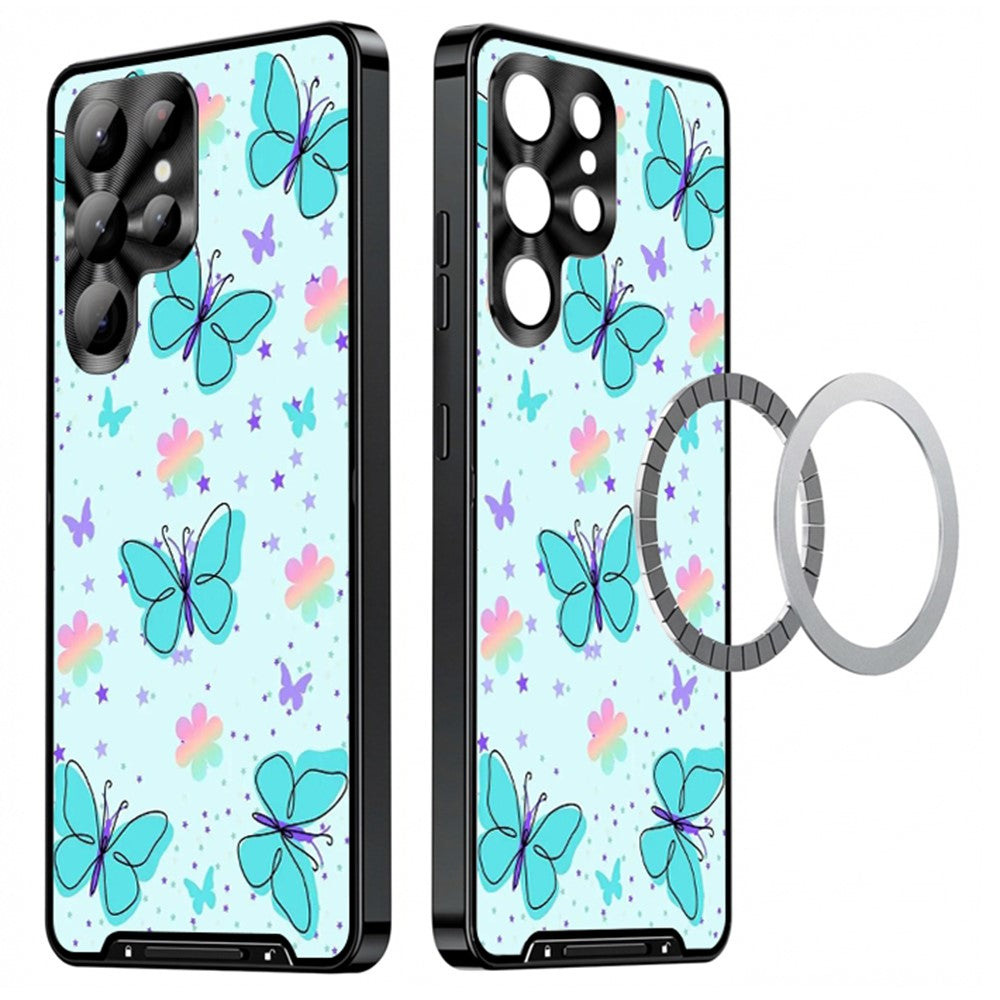 For Samsung Galaxy S25 Ultra Magnetic Case Butterfly Pattern PC+TPU Protective Phone Cover with Lens Film