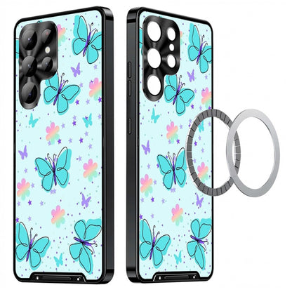 For Samsung Galaxy S25 Ultra Magnetic Case Butterfly Pattern PC+TPU Protective Phone Cover with Lens Film
