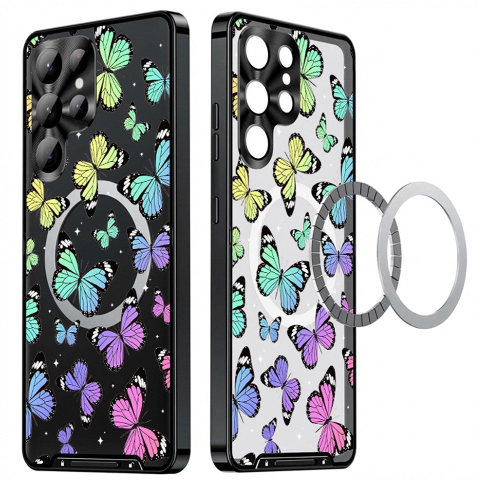 For Samsung Galaxy S25 Ultra Magnetic Case Butterfly Pattern PC+TPU Protective Phone Cover with Lens Film