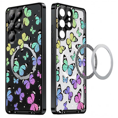 For Samsung Galaxy S25 Ultra Magnetic Case Butterfly Pattern PC+TPU Protective Phone Cover with Lens Film