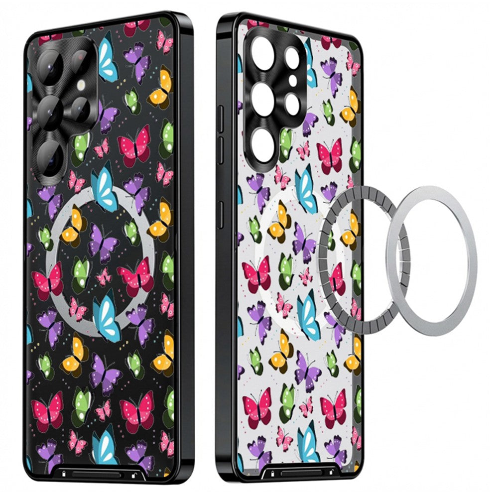 For Samsung Galaxy S25 Ultra Magnetic Case Butterfly Pattern PC+TPU Protective Phone Cover with Lens Film