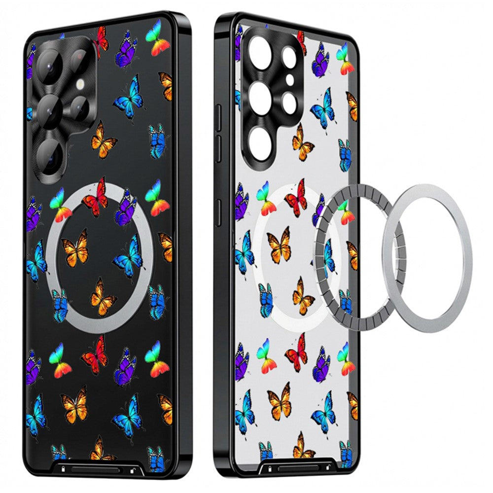 For Samsung Galaxy S25 Ultra Magnetic Case Butterfly Pattern PC+TPU Protective Phone Cover with Lens Film