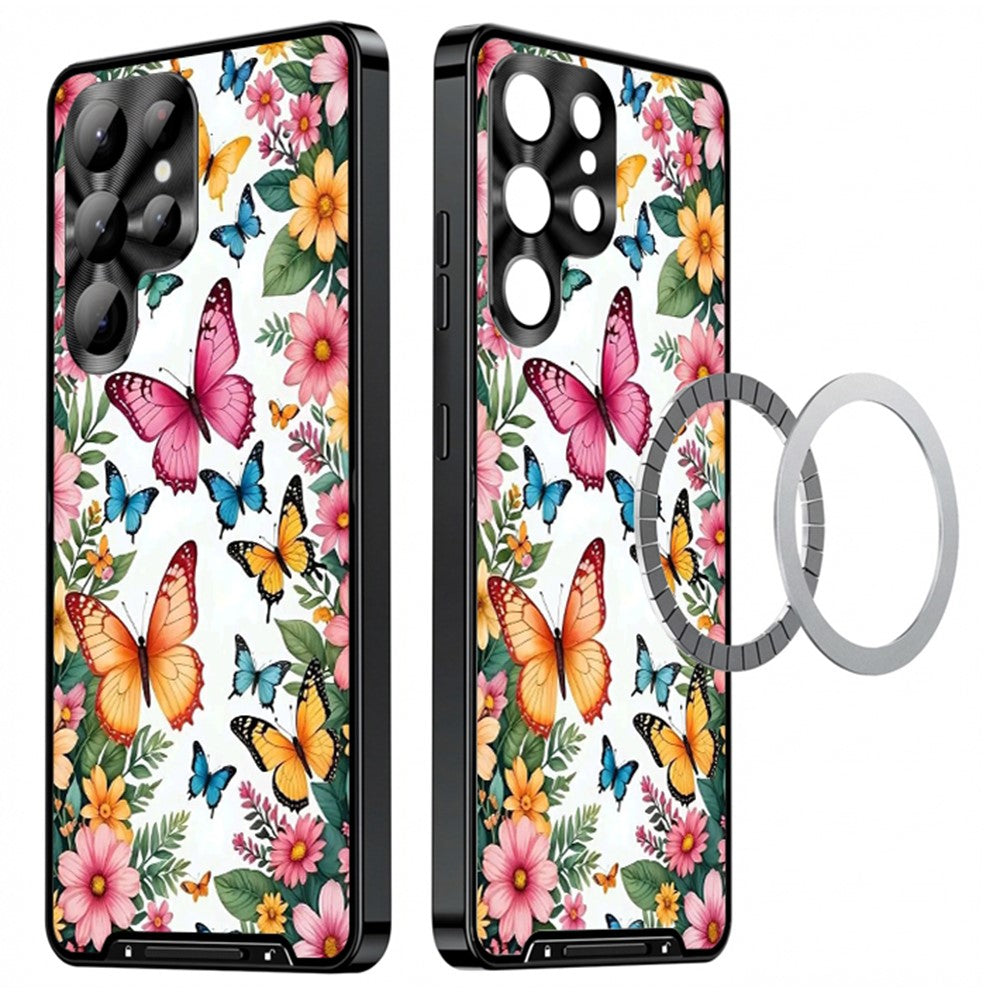 For Samsung Galaxy S25 Ultra Magnetic Case Butterfly Pattern PC+TPU Protective Phone Cover with Lens Film