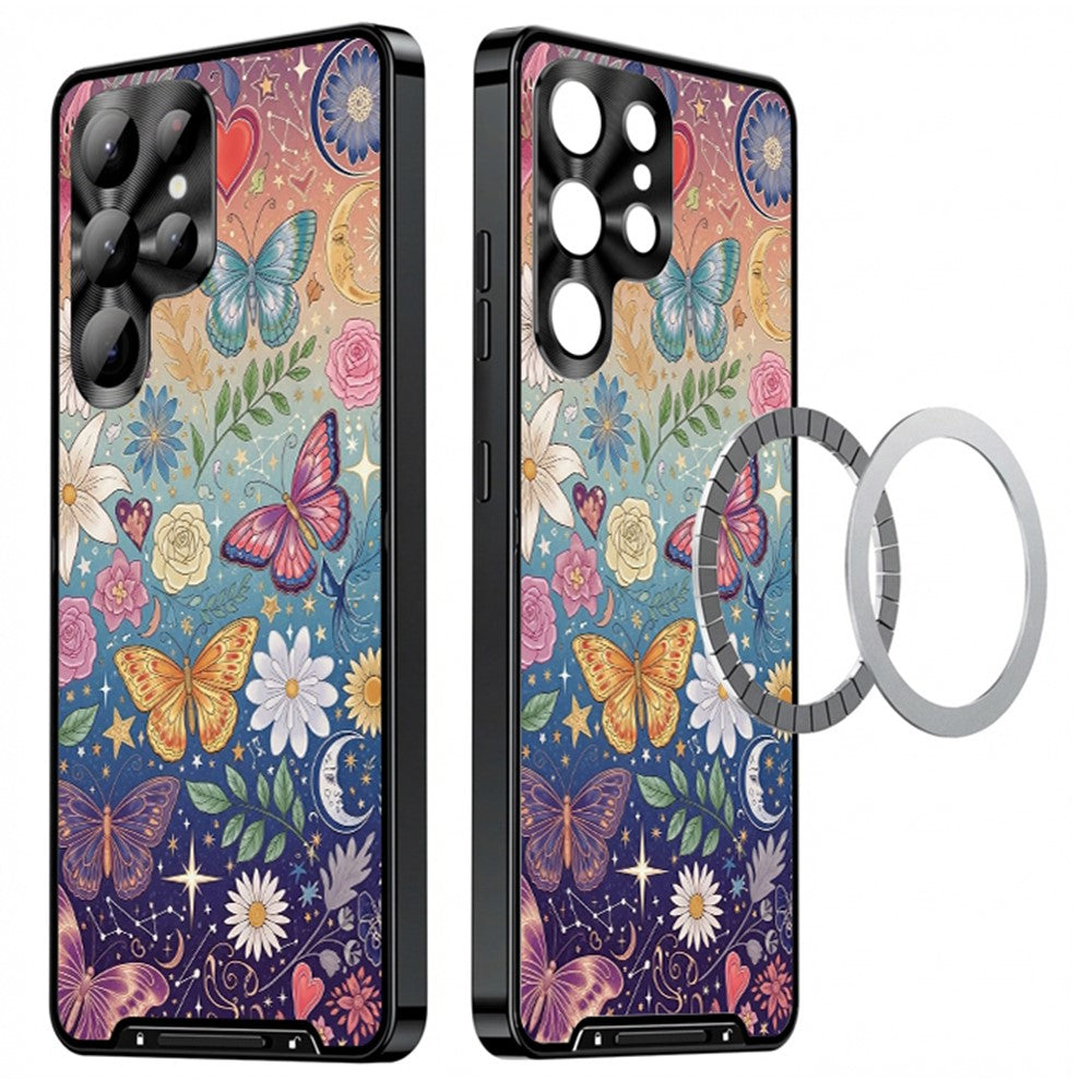 For Samsung Galaxy S25 Ultra Magnetic Case Butterfly Pattern PC+TPU Protective Phone Cover with Lens Film