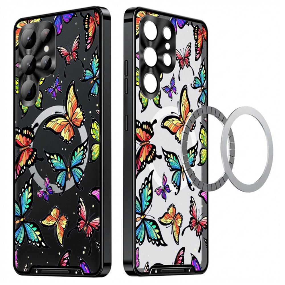 For Samsung Galaxy S25 Ultra Magnetic Case Butterfly Pattern PC+TPU Protective Phone Cover with Lens Film