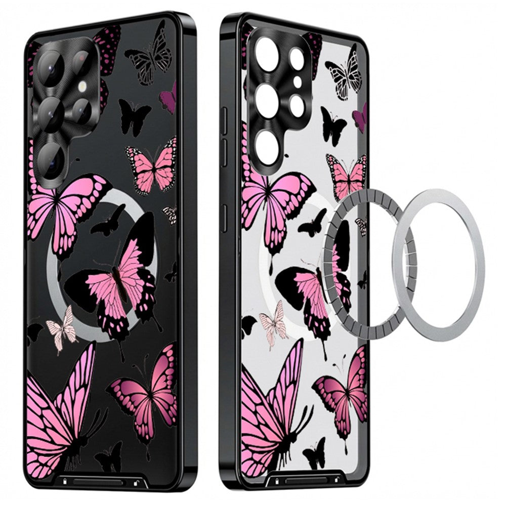 For Samsung Galaxy S25 Ultra Magnetic Case Butterfly Pattern PC+TPU Protective Phone Cover with Lens Film