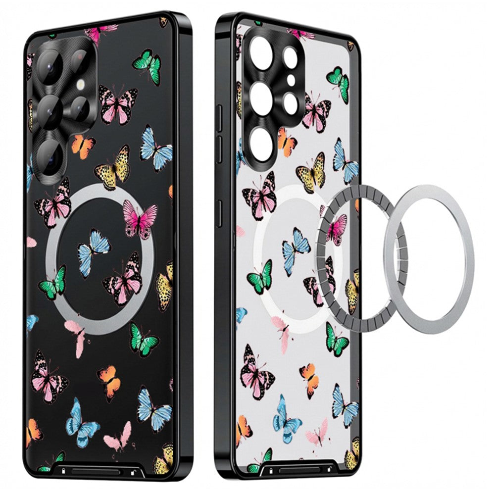 For Samsung Galaxy S25 Ultra Magnetic Case Butterfly Pattern PC+TPU Protective Phone Cover with Lens Film