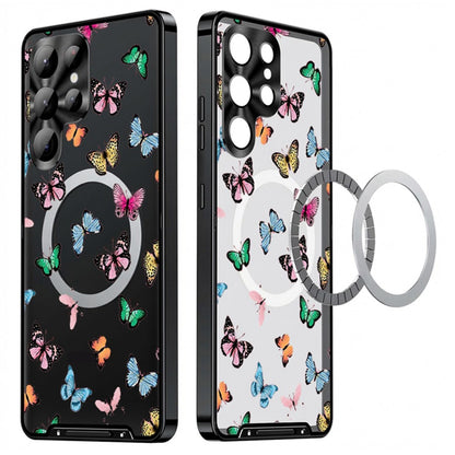 For Samsung Galaxy S25 Ultra Magnetic Case Butterfly Pattern PC+TPU Protective Phone Cover with Lens Film