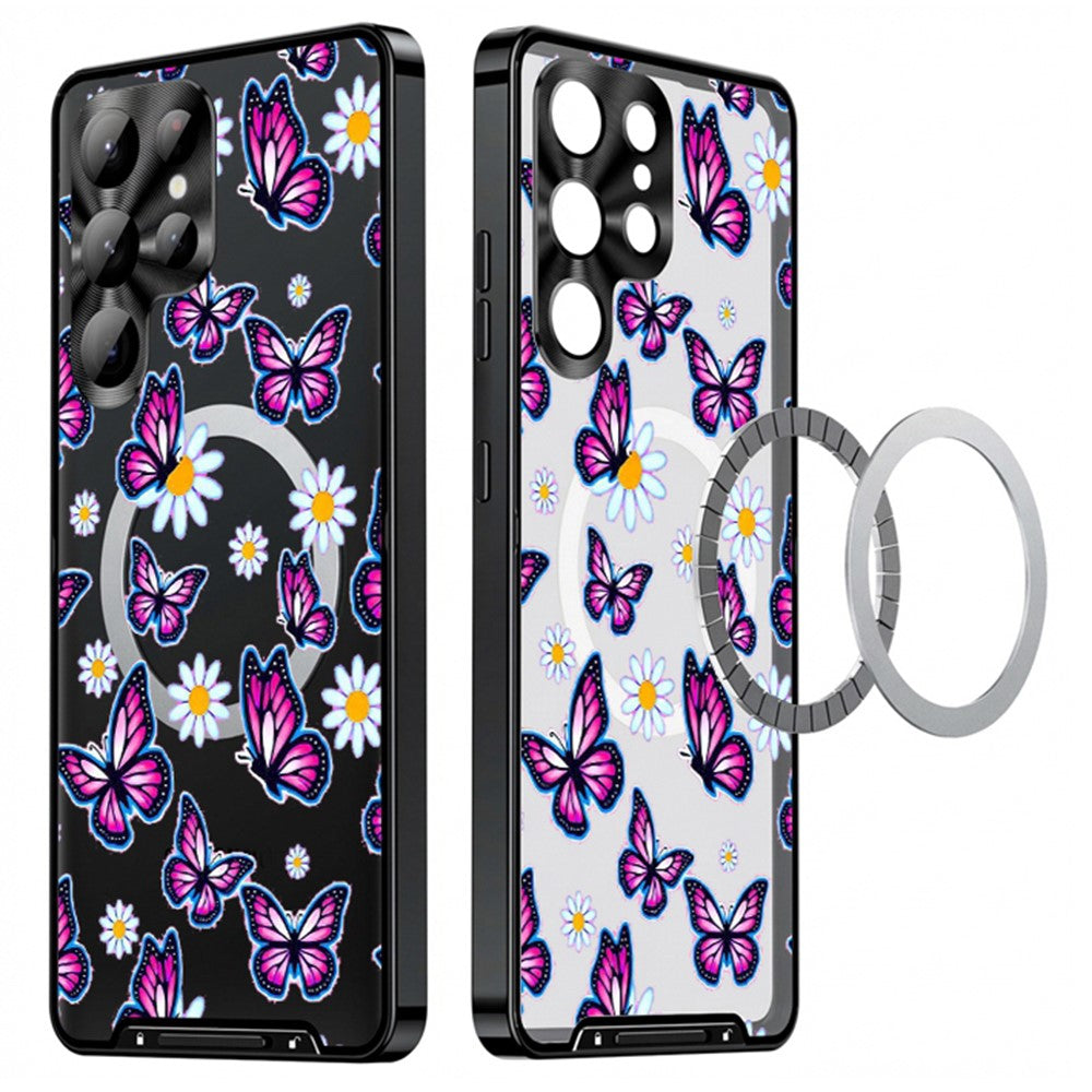 For Samsung Galaxy S25 Ultra Magnetic Case Butterfly Pattern PC+TPU Protective Phone Cover with Lens Film