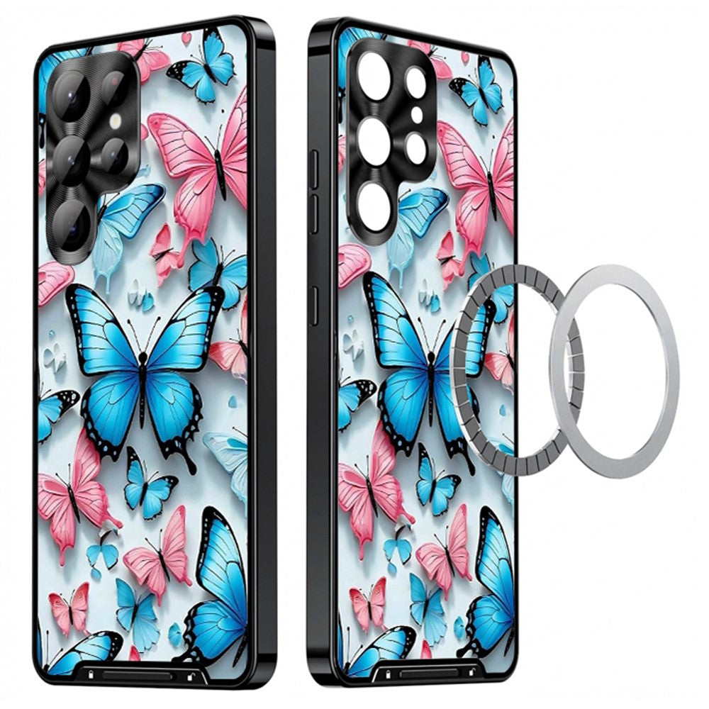 For Samsung Galaxy S25 Ultra Magnetic Case Butterfly Pattern PC+TPU Protective Phone Cover with Lens Film
