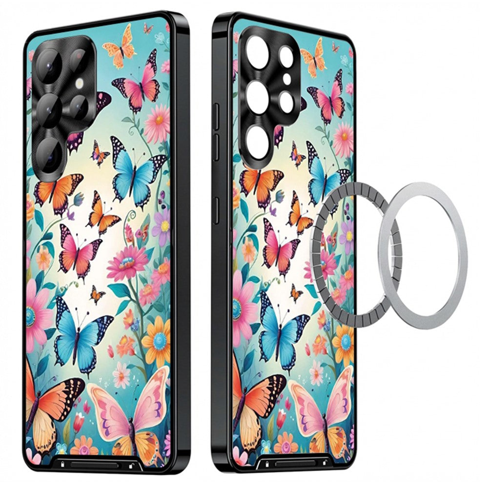 For Samsung Galaxy S25 Ultra Magnetic Case Butterfly Pattern PC+TPU Protective Phone Cover with Lens Film