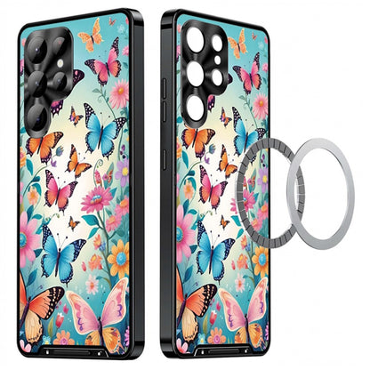 For Samsung Galaxy S25 Ultra Magnetic Case Butterfly Pattern PC+TPU Protective Phone Cover with Lens Film