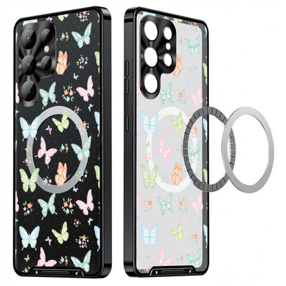 For Samsung Galaxy S25 Ultra Magnetic Case Butterfly Pattern PC+TPU Protective Phone Cover with Lens Film