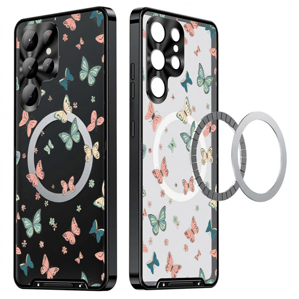 For Samsung Galaxy S25 Ultra Magnetic Case Butterfly Pattern PC+TPU Protective Phone Cover with Lens Film