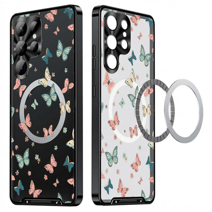 For Samsung Galaxy S25 Ultra Magnetic Case Butterfly Pattern PC+TPU Protective Phone Cover with Lens Film