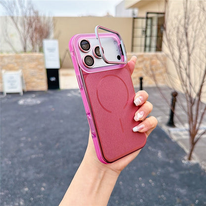 For iPhone 17 Pro Magnetic Case Kickstand PC+TPU Brushed Phone Cover with Lens Film