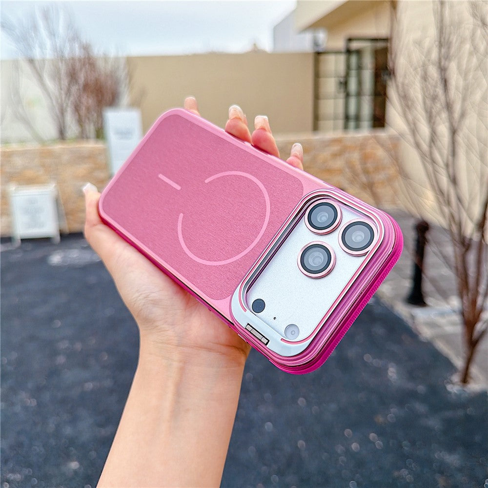 For iPhone 17 Pro Magnetic Case Kickstand PC+TPU Brushed Phone Cover with Lens Film