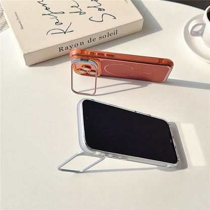 For iPhone 17 Pro Magnetic Case Kickstand PC+TPU Brushed Phone Cover with Lens Film
