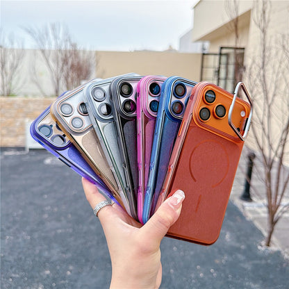 For iPhone 17 Pro Magnetic Case Kickstand PC+TPU Brushed Phone Cover with Lens Film