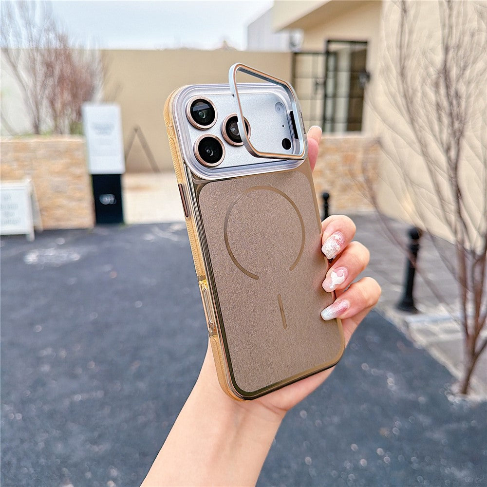 For iPhone 17 Pro Magnetic Case Kickstand PC+TPU Brushed Phone Cover with Lens Film