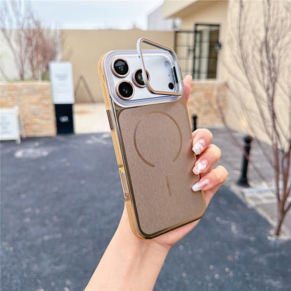 For iPhone 17 Pro Magnetic Case Kickstand PC+TPU Brushed Phone Cover with Lens Film