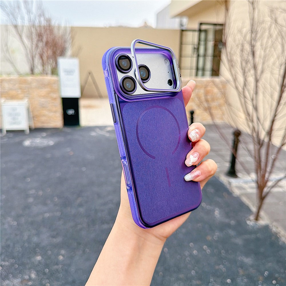 For iPhone 17 Pro Magnetic Case Kickstand PC+TPU Brushed Phone Cover with Lens Film