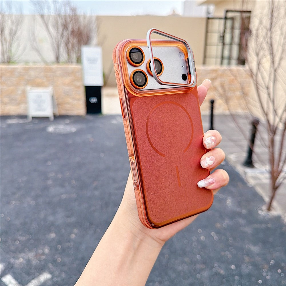 For iPhone 17 Pro Magnetic Case Kickstand PC+TPU Brushed Phone Cover with Lens Film