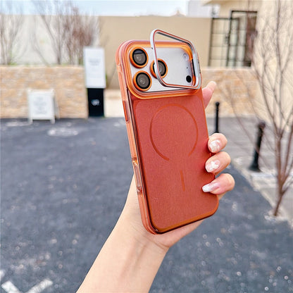 For iPhone 17 Pro Magnetic Case Kickstand PC+TPU Brushed Phone Cover with Lens Film