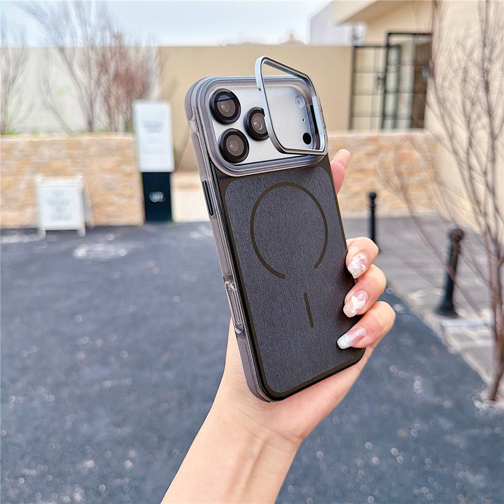For iPhone 17 Pro Magnetic Case Kickstand PC+TPU Brushed Phone Cover with Lens Film