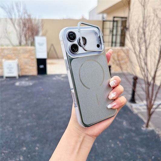 For iPhone 17 Pro Magnetic Case Kickstand PC+TPU Brushed Phone Cover with Lens Film
