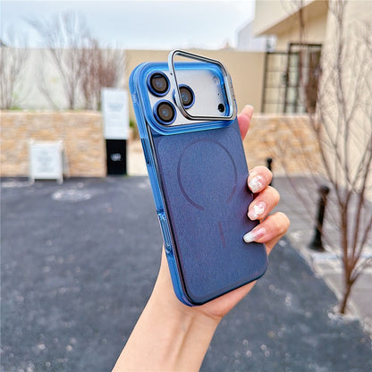 For iPhone 17 Pro Magnetic Case Kickstand PC+TPU Brushed Phone Cover with Lens Film
