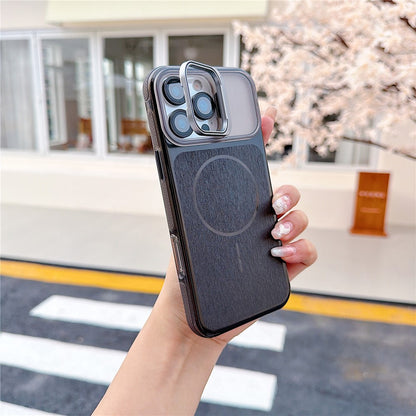 For iPhone 16 Pro Max Magnetic Case Kickstand PC+TPU Brushed Phone Cover with Lens Film