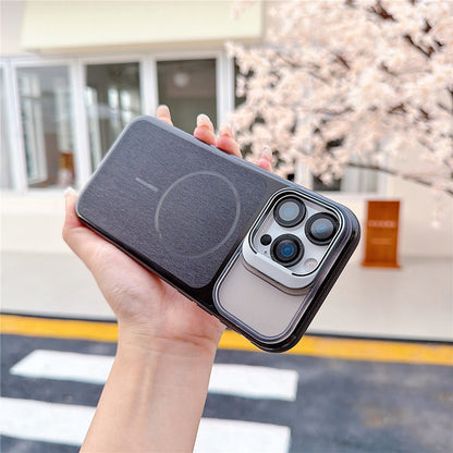 For iPhone 16 Pro Max Magnetic Case Kickstand PC+TPU Brushed Phone Cover with Lens Film