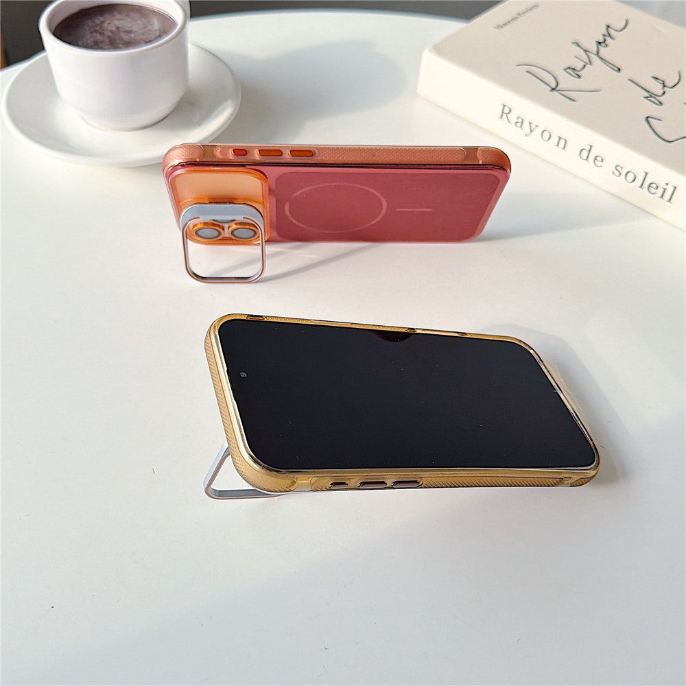 For iPhone 16 Pro Max Magnetic Case Kickstand PC+TPU Brushed Phone Cover with Lens Film