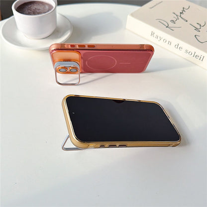 For iPhone 16 Pro Max Magnetic Case Kickstand PC+TPU Brushed Phone Cover with Lens Film