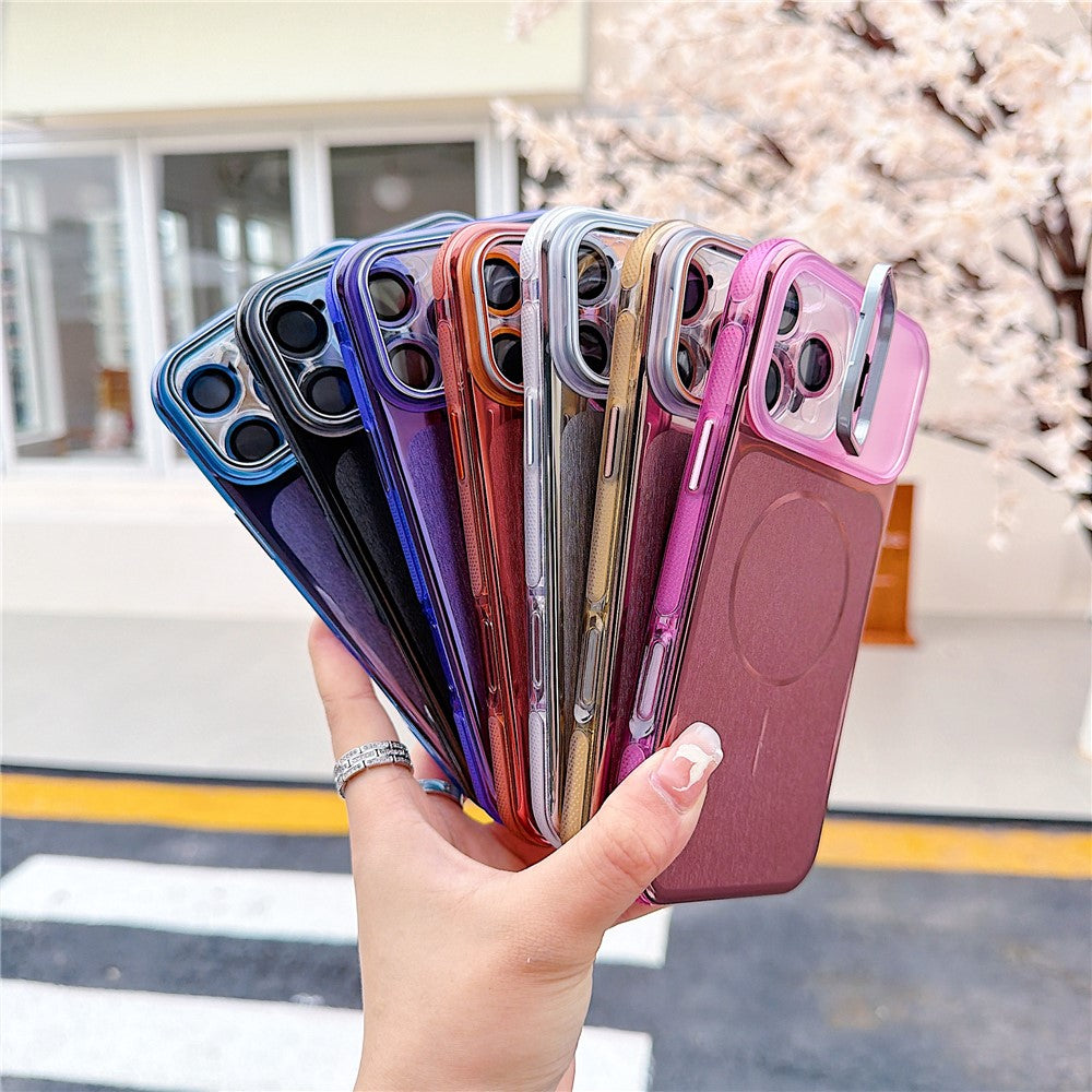 For iPhone 16 Pro Max Magnetic Case Kickstand PC+TPU Brushed Phone Cover with Lens Film