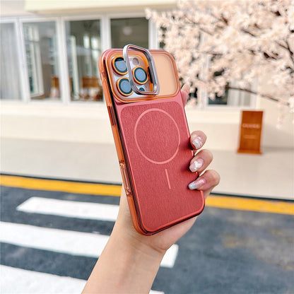 For iPhone 16 Pro Max Magnetic Case Kickstand PC+TPU Brushed Phone Cover with Lens Film