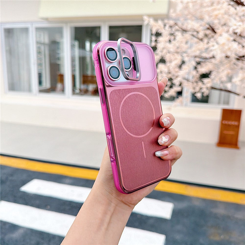 For iPhone 16 Pro Max Magnetic Case Kickstand PC+TPU Brushed Phone Cover with Lens Film