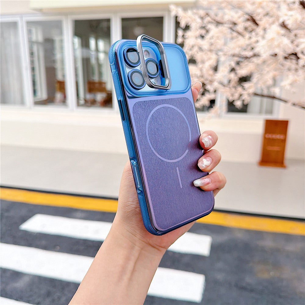 For iPhone 16 Pro Max Magnetic Case Kickstand PC+TPU Brushed Phone Cover with Lens Film