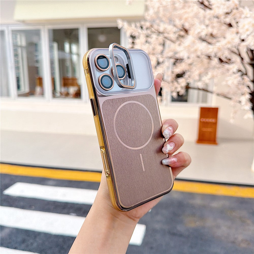 For iPhone 16 Pro Max Magnetic Case Kickstand PC+TPU Brushed Phone Cover with Lens Film